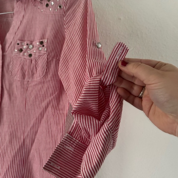 Cotton Button Poplin Collared Top Jewel Stud Gem Mixed Embellish Roll Tab Small - Picture 6 of 13